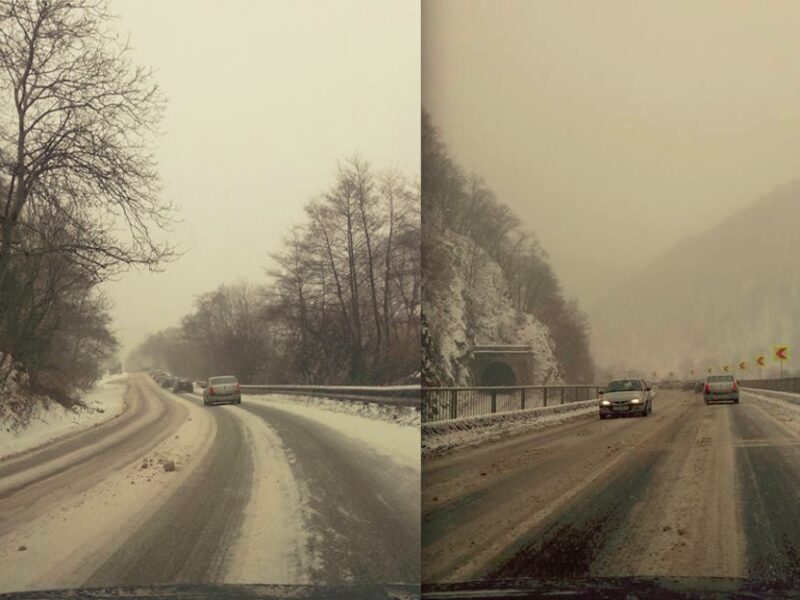 ninge tare pe valea oltului. drumarii intervin cu material antiderapant