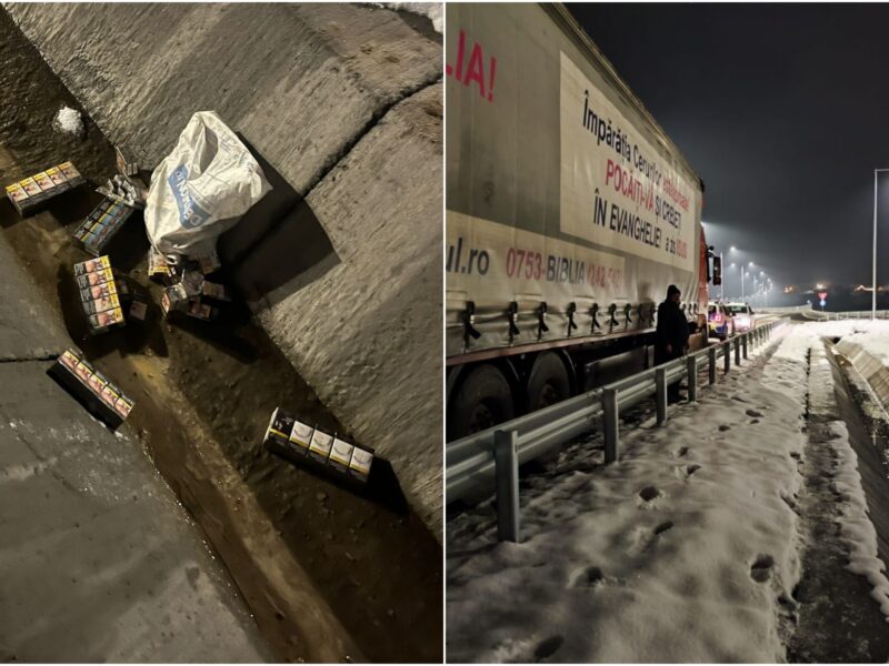 țigări netimbrate, ascunse în anvelopele unor tiruri - șoferii le-au aruncat într-un șanț pe autostradă la sibiu când au văzut poliția