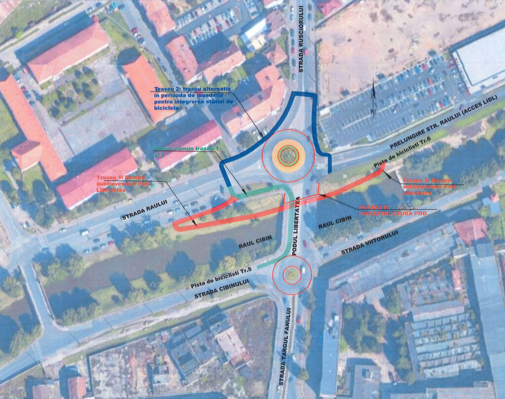 conexiune între pista de biciclete din cartierul reșița și cea de pe malul cibinului. trece pe sub podul de pe rusciorului