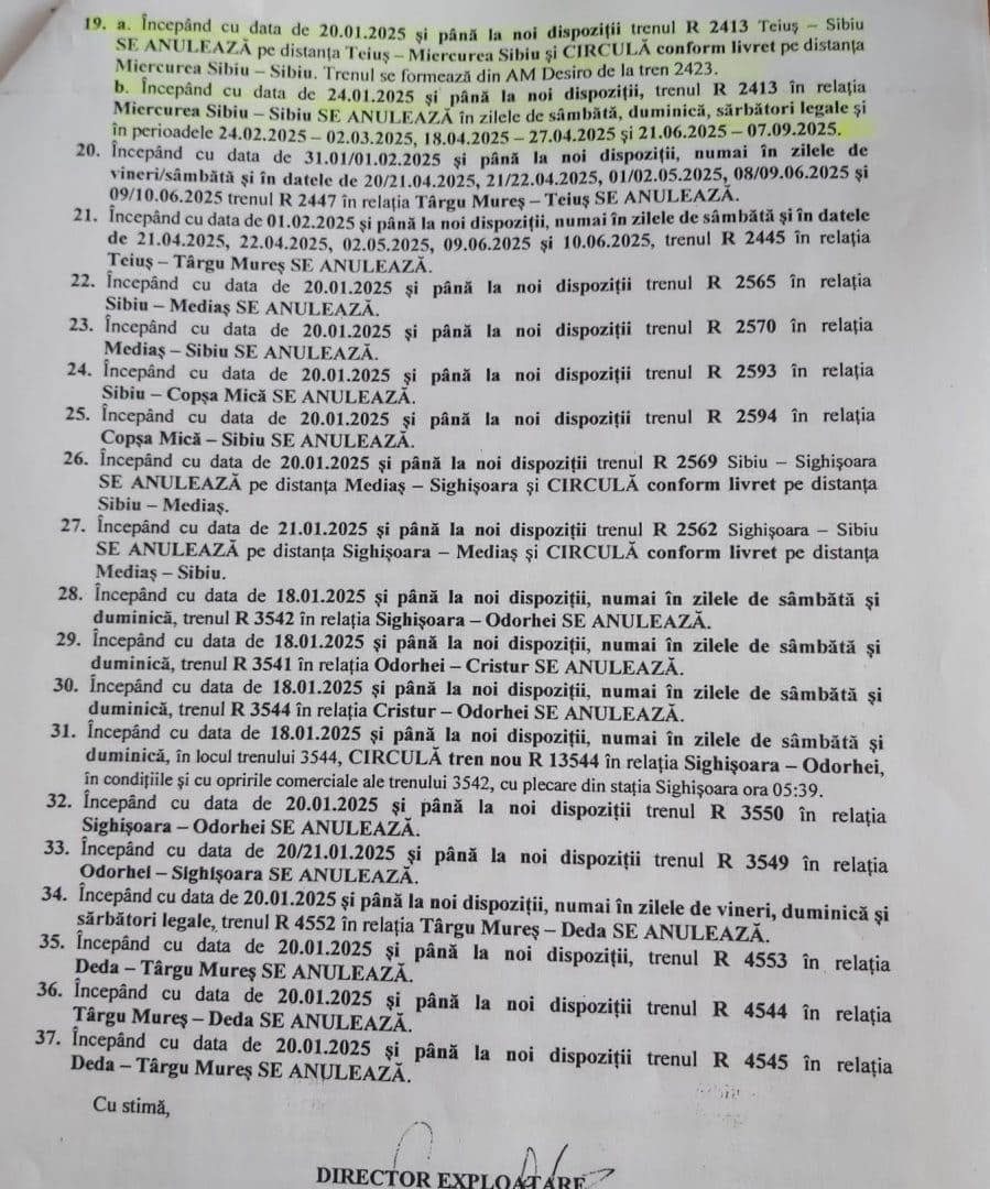 cfr a anulat mai multe trenuri din sibiu. lista cu toate cursele care sunt afectate